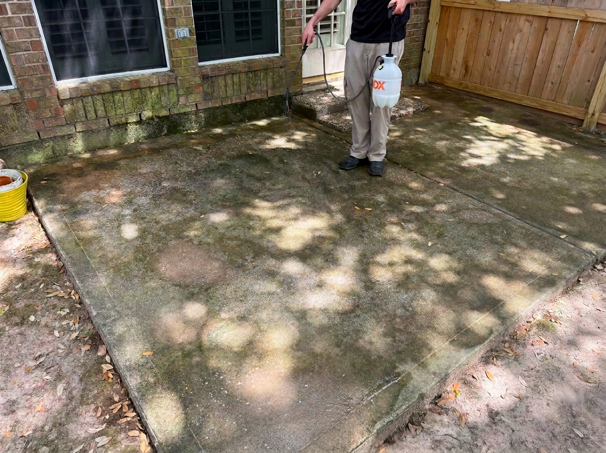 Concrete patio covered in green algae and organic staining before chemical treatment