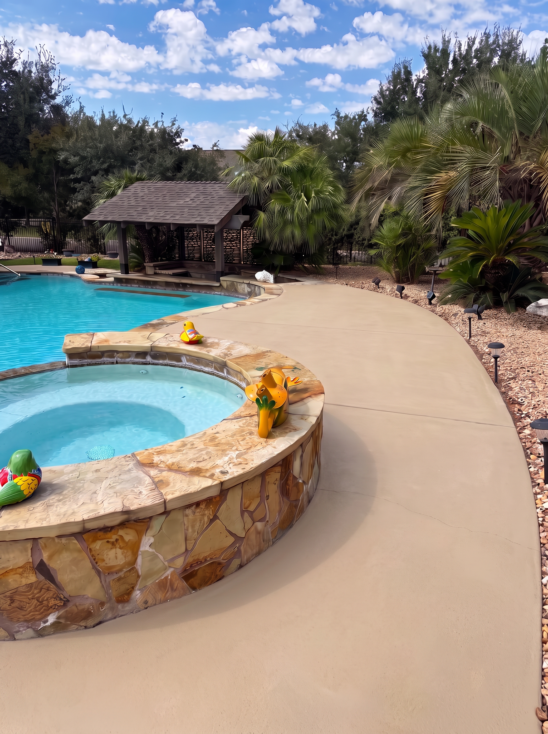 Same pool deck concrete bright and clean after pressure washing