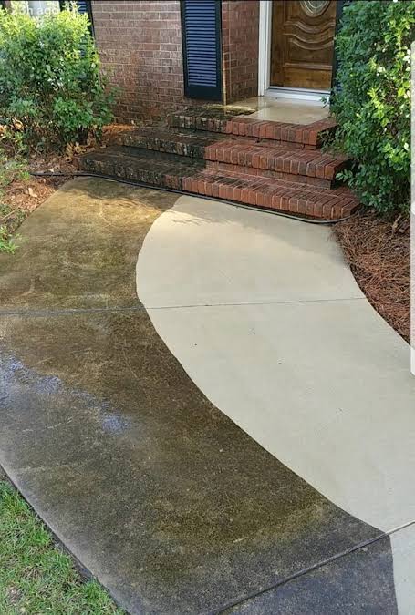 Front walkway half cleaned, showing dark algae-stained concrete next to freshly washed light concrete