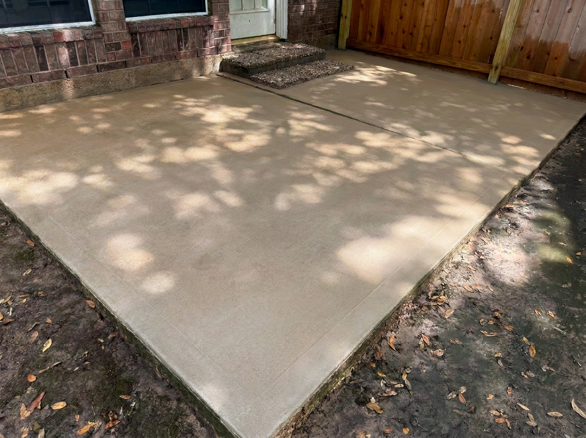 Same concrete patio cleaned to a uniform light finish after pressure washing